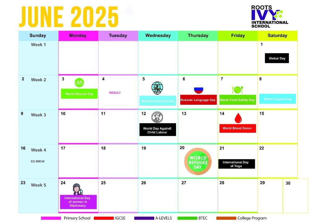 Roots IVY academic calendar for June 2025