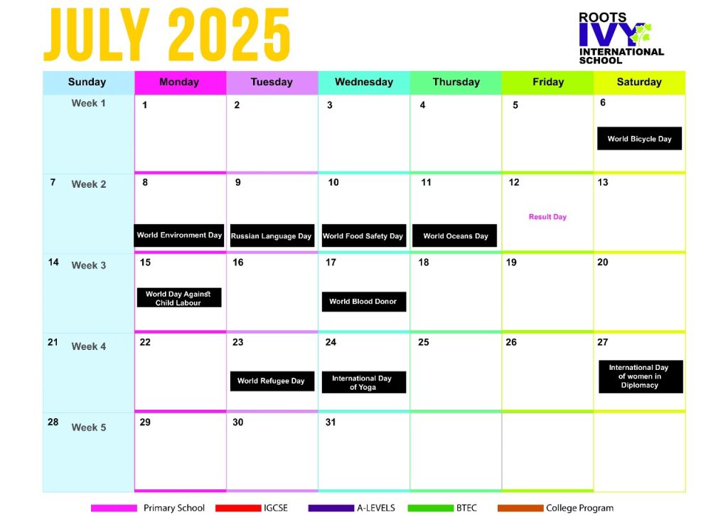 Roots IVY academic calendar for July 2025