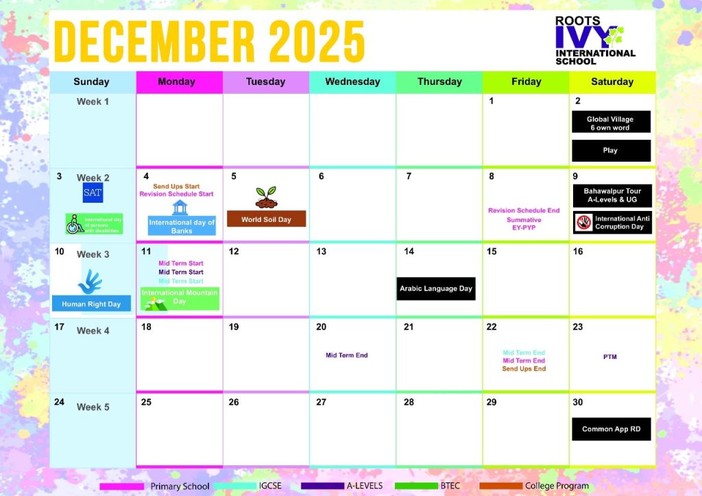 Roots IVY academic calendar for December 2025