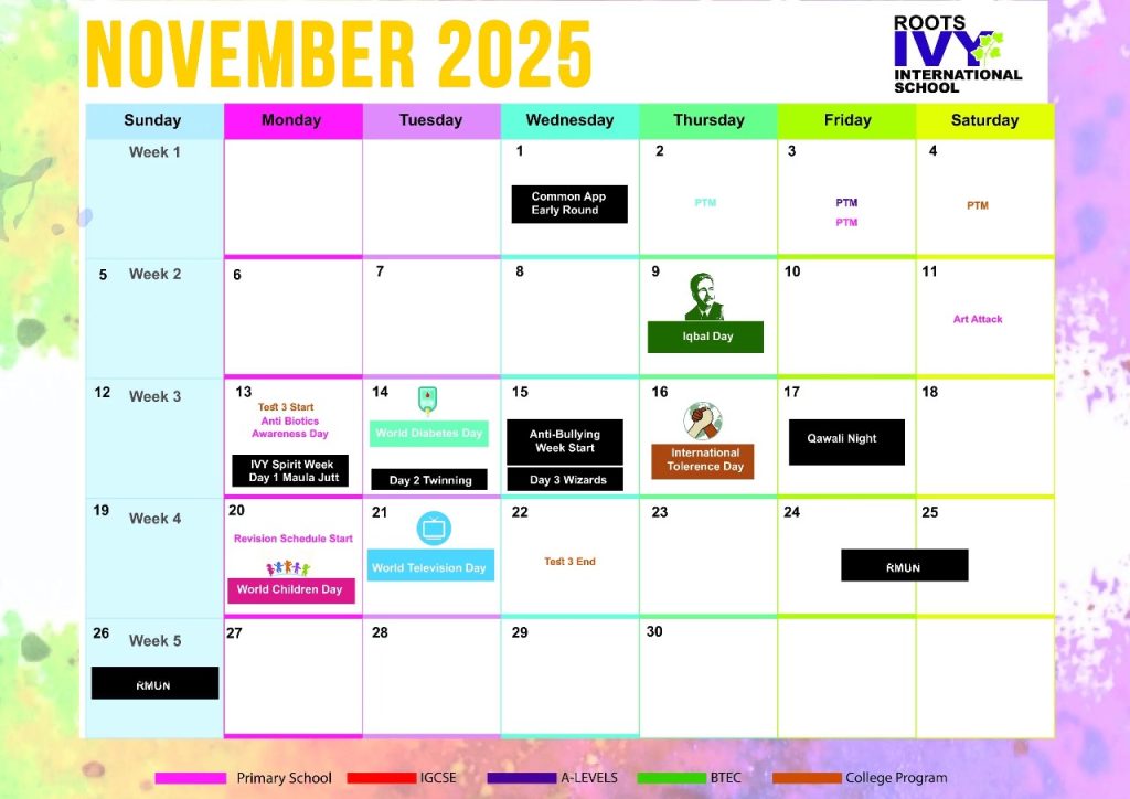 Roots IVY academic calendar for November 2025