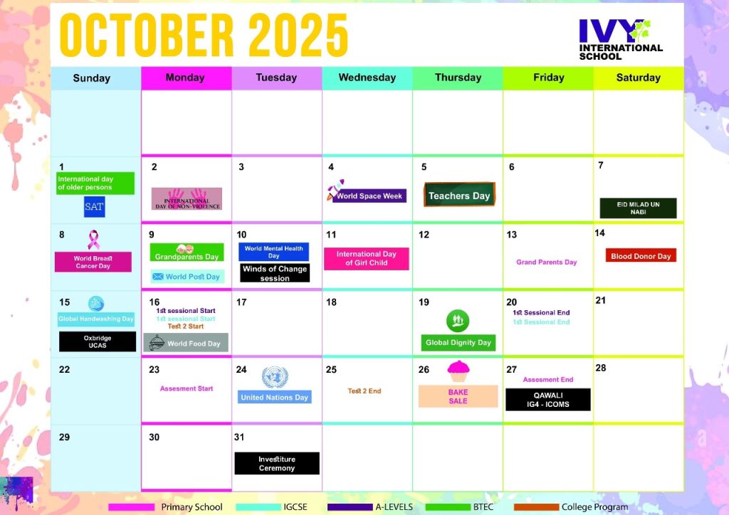 Roots IVY academic calendar for October 2025