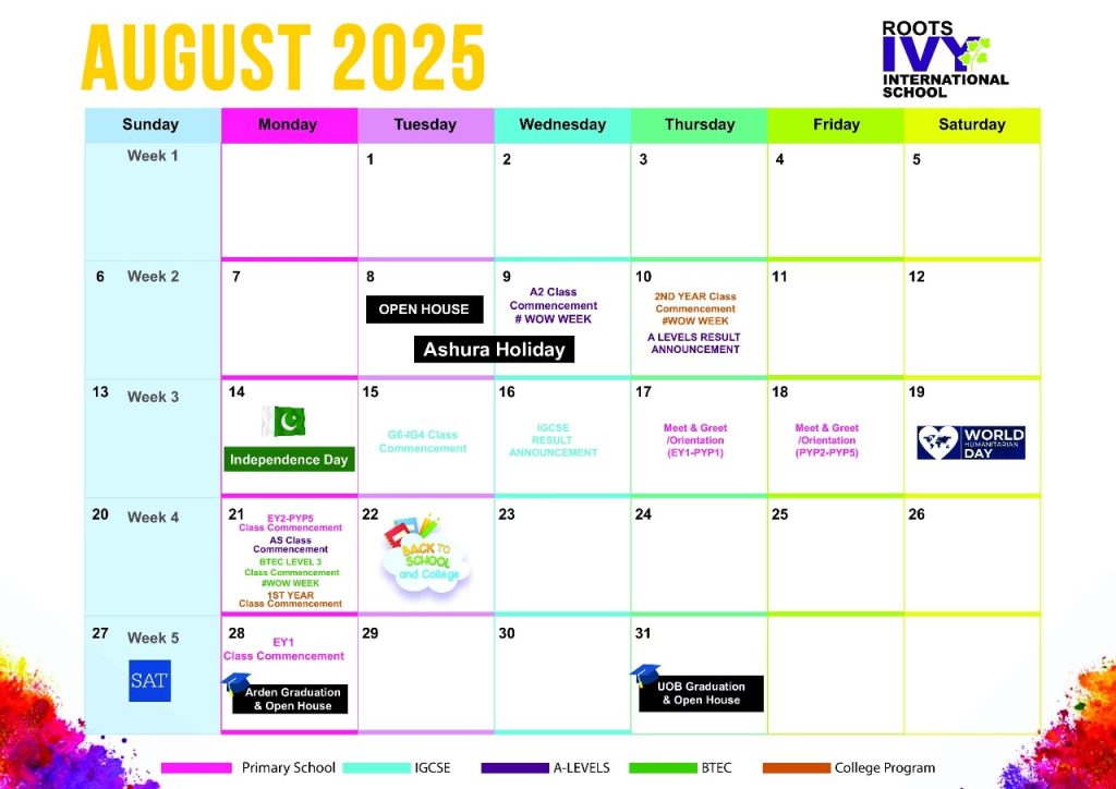 Roots IVY academic calendar for August 2025
