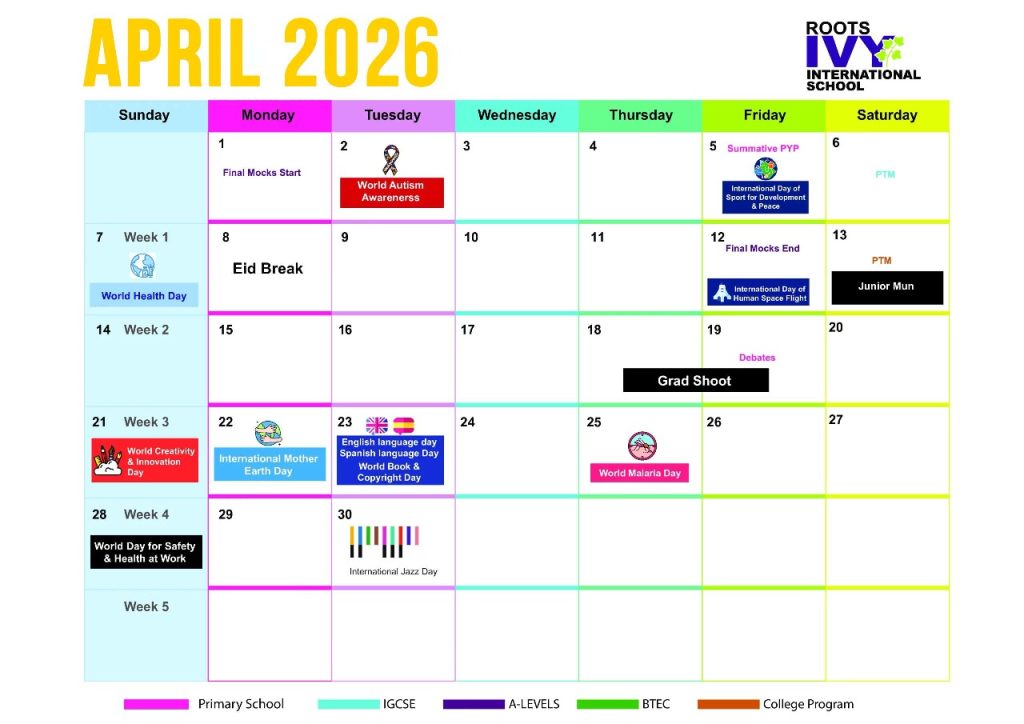 Roots IVY academic calendar for April 2026