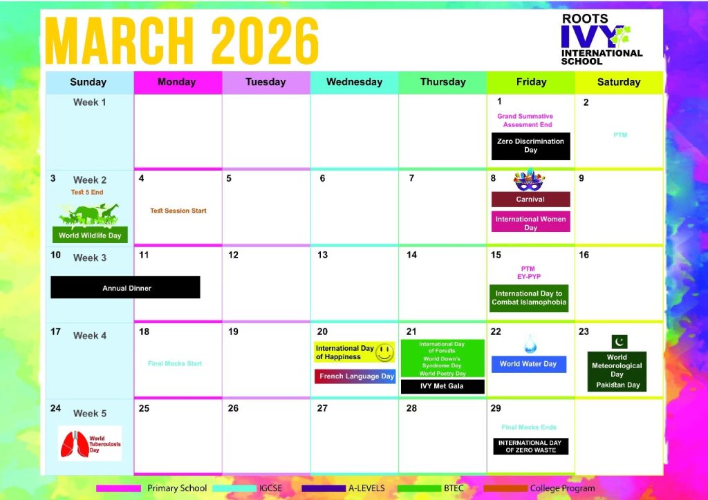 Roots IVY academic calendar for March 2026