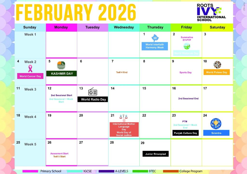 Roots IVY academic calendar for February 2026
